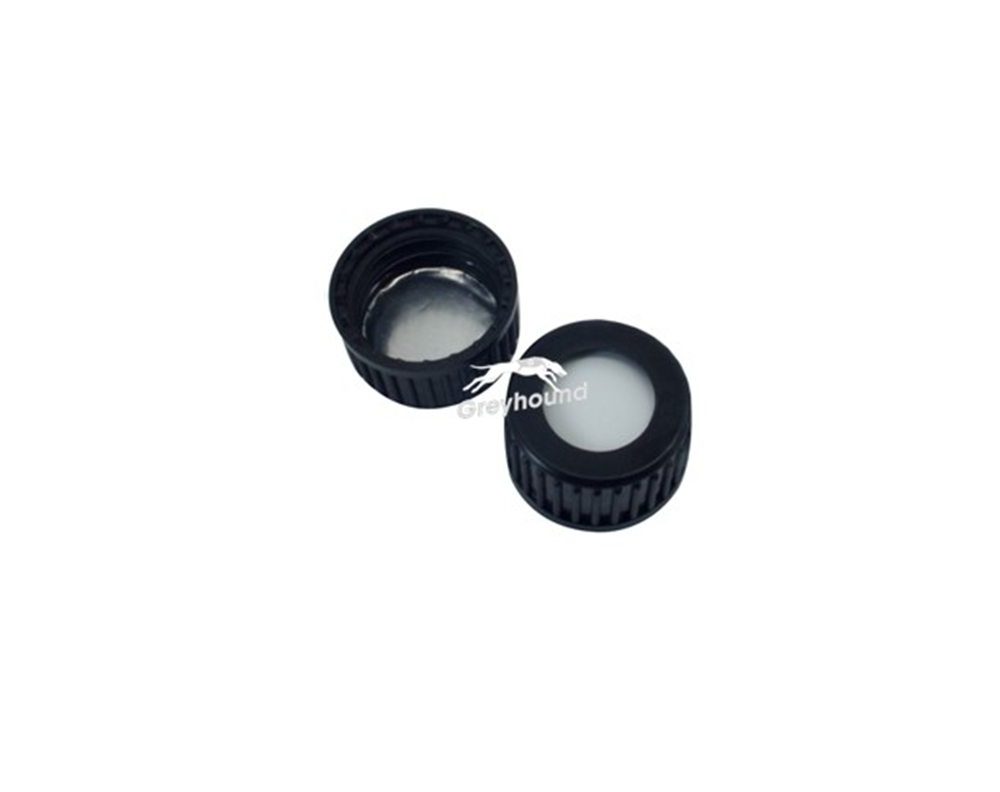 Picture of 18mm Polypropylene Open Top Screw Cap (Black) with Aluminium Foil/White Silicone Septa, 1.3mm, (Shore A 50)